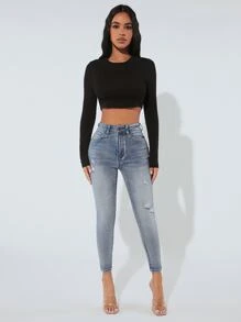 SHEIN PETITE High Waist Ripped Skinny Jeans - Medium Wash - View 5