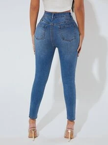 SHEIN PETITE Jeans ajustados desgarro - Azul lavado medio - Ver 2