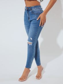 SHEIN PETITE Jeans ajustados desgarro - Azul lavado medio - Ver 3