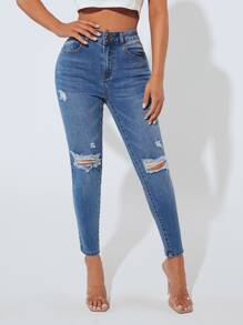 SHEIN PETITE Jeans ajustados desgarro - Azul lavado medio - Ver 5