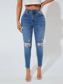 SHEIN PETITE Jeans ajustados desgarro - Azul lavado medio - Ver 6