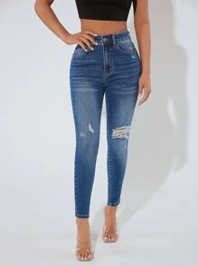 SHEIN PETITE Jeans ajustados desgarro - Azul lavado medio - Ver 1