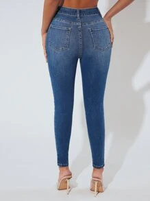 SHEIN PETITE Jeans ajustados desgarro - Azul lavado medio - Ver 2