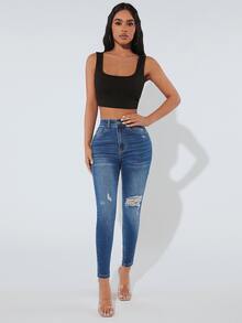 SHEIN PETITE Jeans ajustados desgarro - Azul lavado medio - Ver 3