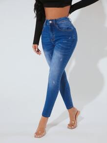 SHEIN PETITE Jeans ajustados desgarro - Azul lavado oscuro - Ver 1