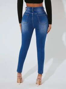 SHEIN PETITE Jeans ajustados desgarro - Azul lavado oscuro - Ver 2