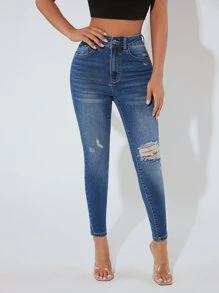 SHEIN PETITE Jeans ajustados desgarro - Azul lavado medio - Ver 5