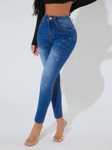 SHEIN PETITE Jeans ajustados desgarro - Azul lavado oscuro - Ver 5