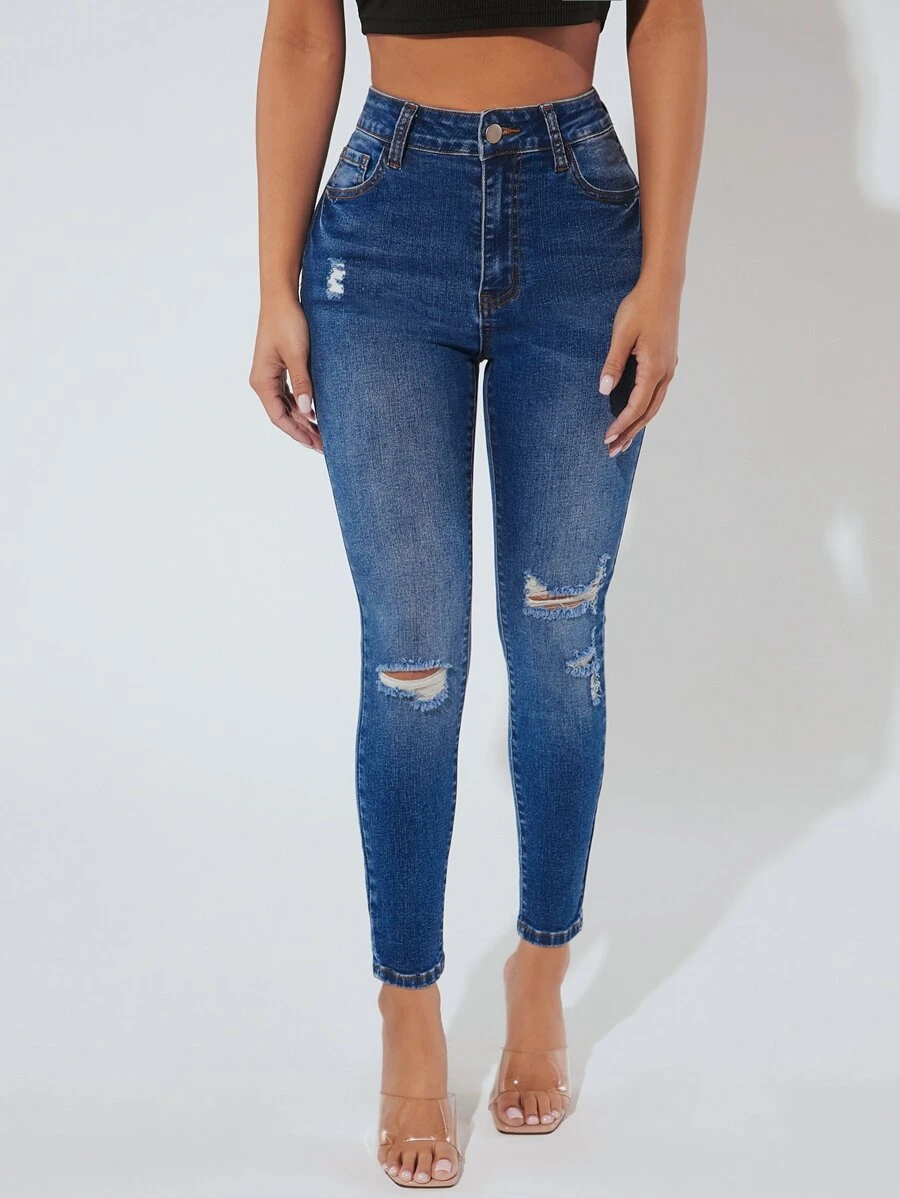 SHEIN PETITE Jeans ajustados desgarro - Azul lavado oscuro - Ver 1