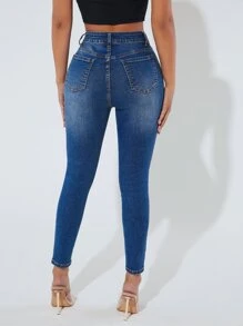 SHEIN PETITE Jeans ajustados desgarro - Azul lavado oscuro - Ver 2