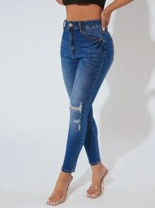 SHEIN PETITE Jeans ajustados desgarro - Azul lavado oscuro - Ver 3