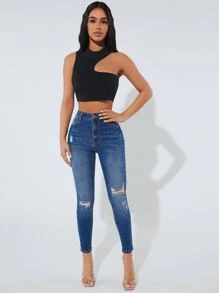 SHEIN PETITE Jeans ajustados desgarro - Azul lavado oscuro - Ver 4