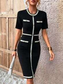 Váy len đi làm thường ngày cho nữ, Xuân/Thu/Đông, Đầm len ôm sát cơ thể cổ tròn tay ngắn màu sắc thanh lịch, dài đến đầu gối (Họa tiết ngẫu nhiên) - màu đen - Xem 1