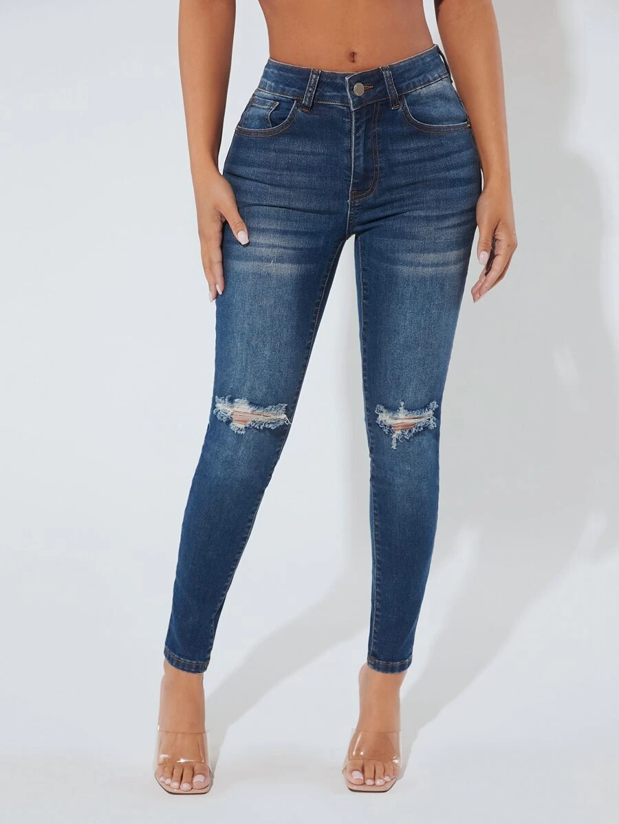 SHEIN PETITE Jeans ajustados desgarro - Azul lavado oscuro - Ver 1