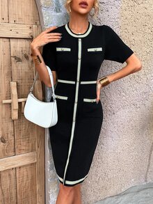 Váy len đi làm thường ngày cho nữ, Xuân/Thu/Đông, Đầm len ôm sát cơ thể cổ tròn tay ngắn màu sắc thanh lịch, dài đến đầu gối (Họa tiết ngẫu nhiên) - màu đen - Xem 3