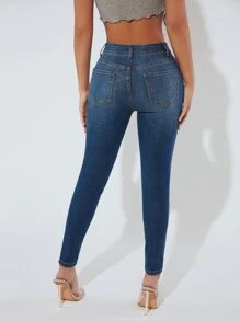 SHEIN PETITE Jeans ajustados desgarro - Azul lavado oscuro - Ver 2