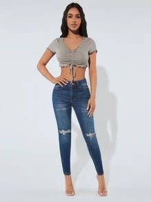 SHEIN PETITE Jeans ajustados desgarro - Azul lavado oscuro - Ver 3