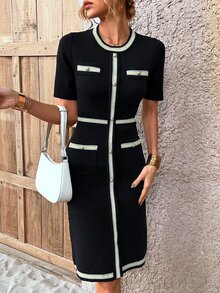 Váy len đi làm thường ngày cho nữ, Xuân/Thu/Đông, Đầm len ôm sát cơ thể cổ tròn tay ngắn màu sắc thanh lịch, dài đến đầu gối (Họa tiết ngẫu nhiên) - màu đen - Xem 5