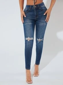 SHEIN PETITE Jeans ajustados desgarro - Azul lavado oscuro - Ver 5