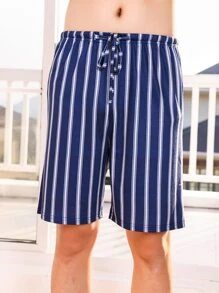 Men Striped Print PJ Shorts - Navy Blue - View 6