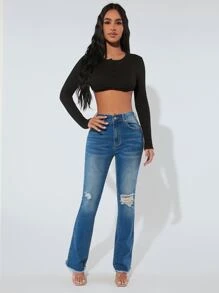 SHEIN PETITE Jeans bootcut desgarro bajo crudo - Azul lavado medio - Ver 2