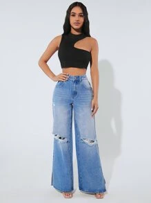 SHEIN PETITE Jeans desgarro bajo con abertura de pierna ancha - Lavado ligero - Ver 4