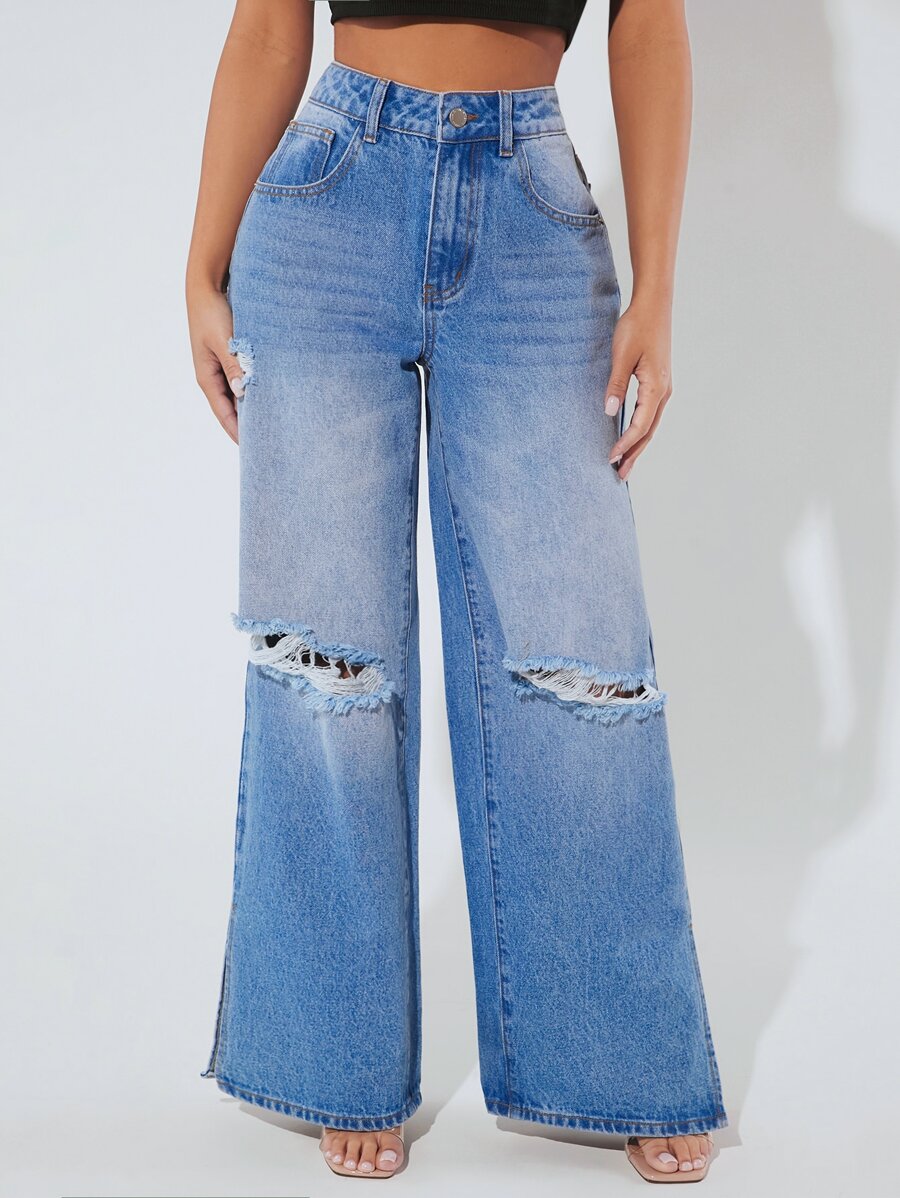 SHEIN PETITE Jeans desgarro bajo con abertura de pierna ancha - Lavado ligero - Ver 1