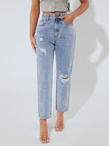 SHEIN PETITE Jeans ajustados mom desgarro