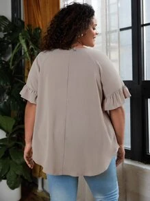 SHEIN CURVE+ Plus Contrast Lace Flounce Sleeve Blouse - Khaki - View 2