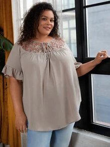 SHEIN CURVE+ Plus Contrast Lace Flounce Sleeve Blouse - Khaki - View 3