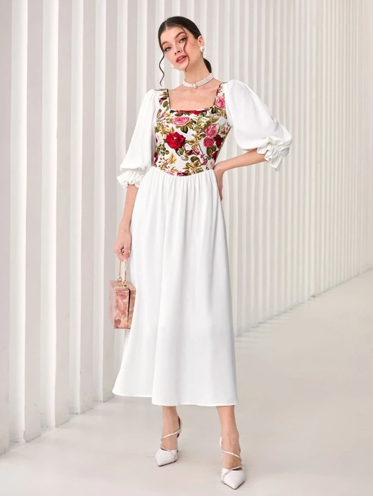 Floral Print Flounce Sleeve Dress Long Evening Dresses