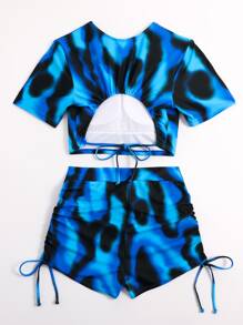 SHEIN Swim 熱圖印花分體泳衣套裝短袖鏤空後背泳衣和搭衩腰短褲2件套泳衣 - 彩色 - 查看 2