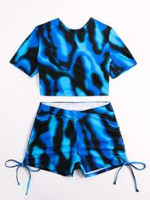 SHEIN Swim 熱圖印花分體泳衣套裝短袖鏤空後背泳衣和搭衩腰短褲2件套泳衣 - 彩色 - 查看 3