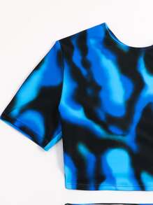 SHEIN Swim 熱圖印花分體泳衣套裝短袖鏤空後背泳衣和搭衩腰短褲2件套泳衣 - 彩色 - 查看 4