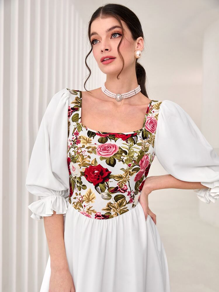 Floral Print Flounce Sleeve Dress Long Evening Dresses