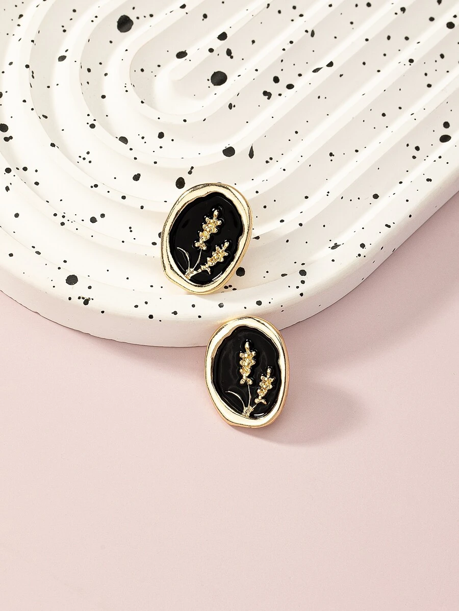 1 Cặp bông tai đính hoa men cổ điển thời trang, thích hợp để đeo hàng ngày - màu đen - Xem 1