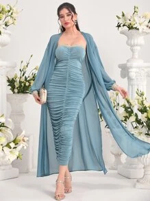 Modelyn Ruched Tube Bodycon Dress & Lantern Sleeve Mesh Coat - Dusty Blue - View 1