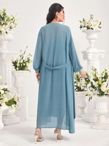 Modelyn Ruched Tube Bodycon Dress & Lantern Sleeve Mesh Coat - Dusty Blue - View 2