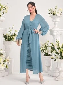 Modelyn Ruched Tube Bodycon Dress & Lantern Sleeve Mesh Coat - Dusty Blue - View 3