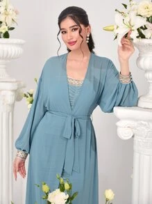 Modelyn Ruched Tube Bodycon Dress & Lantern Sleeve Mesh Coat - Dusty Blue - View 4