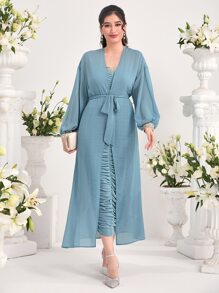 Modelyn Ruched Tube Bodycon Dress & Lantern Sleeve Mesh Coat - Dusty Blue - View 5