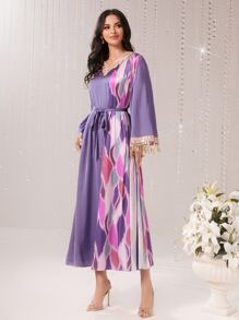 Modelyn Vestido con cinturón con estampado geométrico con lentejuela en contraste ribete - Morado - Ver 1