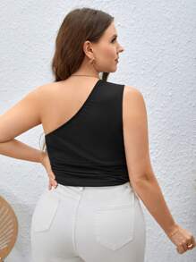 SHEIN Privé Plus One Shoulder Crop Top - Black - View 3