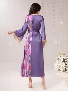 Modelyn Vestido con cinturón con estampado geométrico con lentejuela en contraste ribete - Morado - Ver 2