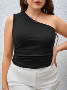 SHEIN Privé Plus One Shoulder Crop Top - Black - View 1