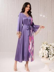 Modelyn Vestido con cinturón con estampado geométrico con lentejuela en contraste ribete - Morado - Ver 3