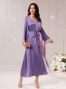 Modelyn Vestido con cinturón con estampado geométrico con lentejuela en contraste ribete - Morado - Ver 4