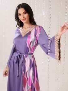 Modelyn Vestido con cinturón con estampado geométrico con lentejuela en contraste ribete - Morado - Ver 5