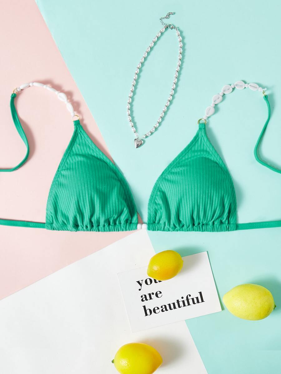 Ribbed Knit Triangle Bikini Top - Green - View 1