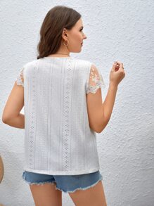 SHEIN Clasi Áo thun Plus size Nút phía trước Tương phản ren Tương phản Mesh Thêu Tranh thêu màu trơn Giải trí - trắng - Xem 2